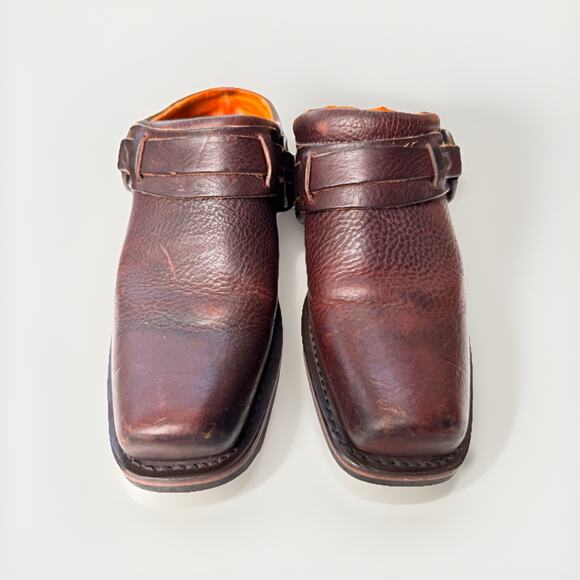 Vintage Frye Harness Chocolate Pebbled Leather Clogs | Brown Slip-On Mules USA - Picture 5 of 14